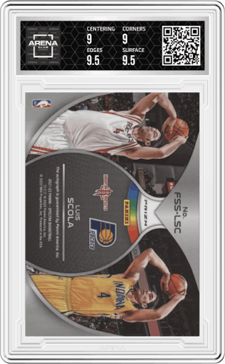Luis Scola from the 2021-22 Panini Spectra set featuring a Gold parallel graded by Arena Club and given an overall grade of 9.5.