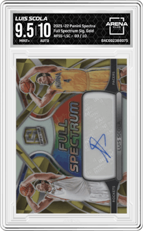 Luis Scola from the 2021-22 Panini Spectra set featuring a Gold parallel graded by Arena Club and given an overall grade of 9.5.