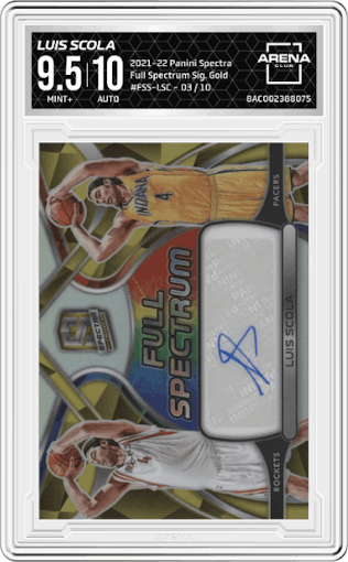 Luis Scola from the 2021-22 Panini Spectra set featuring a Gold parallel graded by Arena Club and given an overall grade of 9.5.