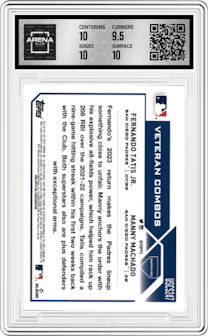 Fernando Tatis Jr./Manny Machado from the 2023 Topps Chrome Update Series Sapphire Edition set featuring a Orange parallel graded by Arena Club and given an overall grade of 10.