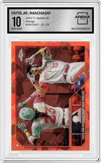 Fernando Tatis Jr./Manny Machado from the 2023 Topps Chrome Update Series Sapphire Edition set featuring a Orange parallel graded by Arena Club and given an overall grade of 10.