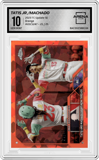 Fernando Tatis Jr./Manny Machado from the 2023 Topps Chrome Update Series Sapphire Edition set featuring a Orange parallel graded by Arena Club and given an overall grade of 10.