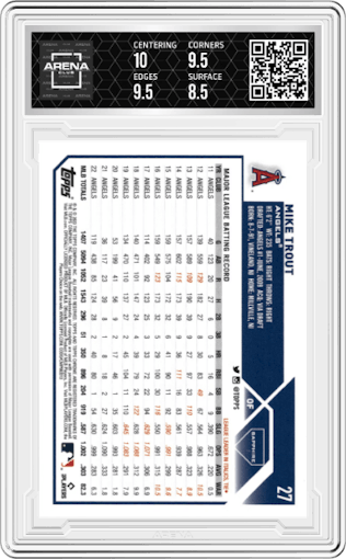 Mike Trout from the 2023 Topps Chrome Sapphire set graded by Arena Club and given an overall grade of 9.