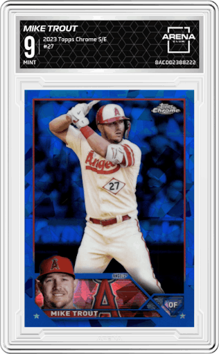 Mike Trout from the 2023 Topps Chrome Sapphire set graded by Arena Club and given an overall grade of 9.
