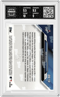 Roki Sasaki from the 2024-25 Topps Now Off-Season set graded by Arena Club and given an overall grade of 9.5.