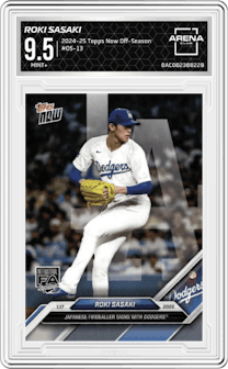 Roki Sasaki from the 2024-25 Topps Now Off-Season set graded by Arena Club and given an overall grade of 9.5.