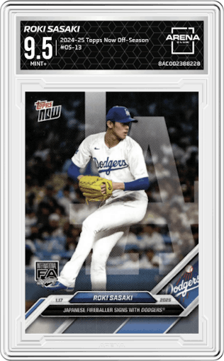 Roki Sasaki from the 2024-25 Topps Now Off-Season set graded by Arena Club and given an overall grade of 9.5.