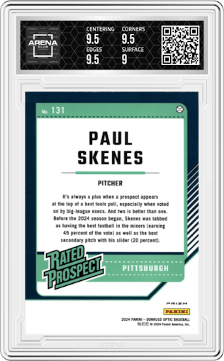Paul Skenes from the 2024 Donruss Optic set featuring a Blue Velocity parallel graded by Arena Club and given an overall grade of 9.5.