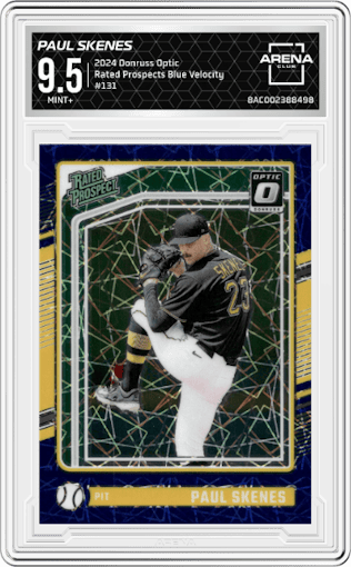Paul Skenes from the 2024 Donruss Optic set featuring a Blue Velocity parallel graded by Arena Club and given an overall grade of 9.5.