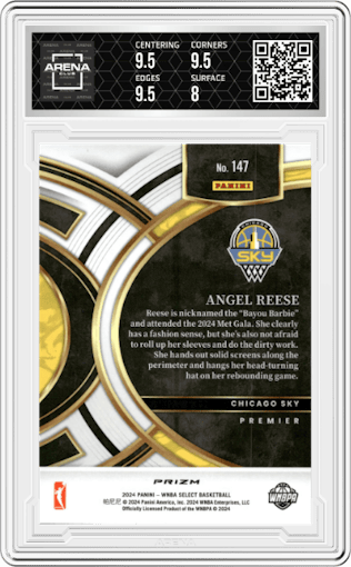 Angel Reese from the 2024 Panini Select WNBA set featuring a Pink Ice parallel graded by Arena Club and given an overall grade of 8.5.