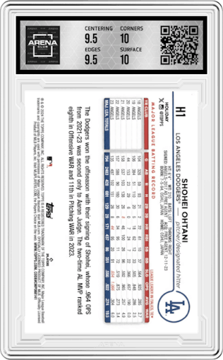 Shohei Ohtani from the 2024 Topps Holiday set featuring a Blue Metallic Holiday Tree parallel graded by Arena Club and given an overall grade of 10.