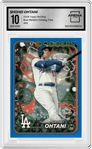 Shohei Ohtani from the 2024 Topps Holiday set featuring a Blue Metallic Holiday Tree parallel graded by Arena Club and given an overall grade of 10.