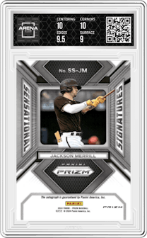 Jackson Merrill from the 2024 Panini Prizm set featuring a Green Prizm parallel graded by Arena Club and given an overall grade of 9.5.