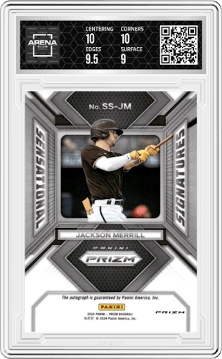 Jackson Merrill from the 2024 Panini Prizm set featuring a Green Prizm parallel graded by Arena Club and given an overall grade of 9.5.