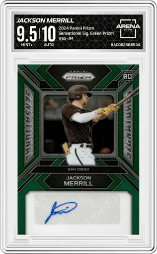 Jackson Merrill from the 2024 Panini Prizm set featuring a Green Prizm parallel graded by Arena Club and given an overall grade of 9.5.