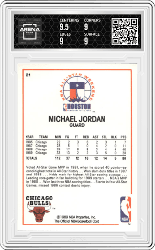 Michael Jordan from the 1989-90 NBA Hoops  set graded by Arena Club and given an overall grade of 9.