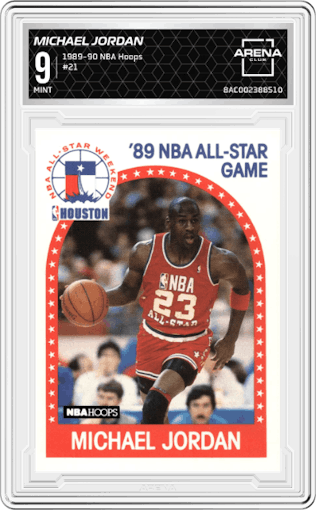 Michael Jordan from the 1989-90 NBA Hoops  set graded by Arena Club and given an overall grade of 9.