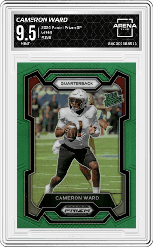 Cameron Ward  from the 2024 Panini Prizm Draft Picks set featuring a Green parallel graded by Arena Club and given an overall grade of 9.5.