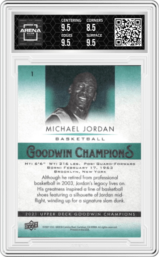 Michael Jordan from the 2021 Upper Deck Goodwin Champions set graded by Arena Club and given an overall grade of 9.