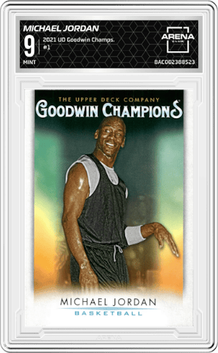 Michael Jordan from the 2021 Upper Deck Goodwin Champions set graded by Arena Club and given an overall grade of 9.