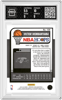 Victor Wembanyama from the 2023-24 Panini Hoops Premium Stock set graded by Arena Club and given an overall grade of 9.5.
