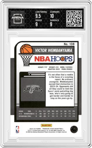 Victor Wembanyama from the 2023-24 Panini Hoops Premium Stock set graded by Arena Club and given an overall grade of 9.5.