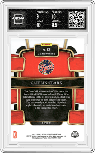 Caitlin Clark from the 2024 Panini Select WNBA set graded by Arena Club and given an overall grade of 9.5.