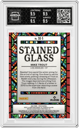 Mike Trout from the 2022 Panini Prizm set graded by Arena Club and given an overall grade of 9.5.