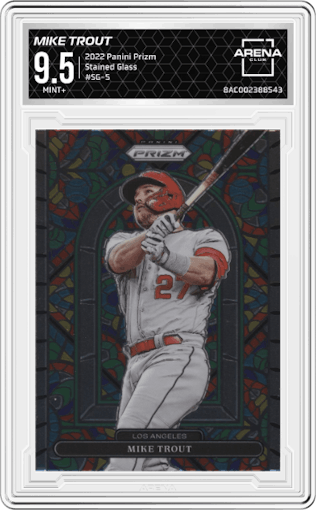 Mike Trout from the 2022 Panini Prizm set graded by Arena Club and given an overall grade of 9.5.