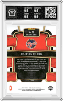 Caitlin Clark from the 2024 Panini Select WNBA set graded by Arena Club and given an overall grade of 9.5.