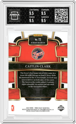 Caitlin Clark from the 2024 Panini Select WNBA set graded by Arena Club and given an overall grade of 9.5.