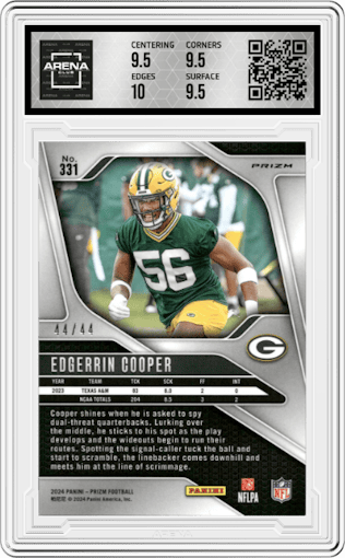 Edgerrin Cooper from the 2024 Panini Prizm set featuring a Red & Yellow parallel graded by Arena Club and given an overall grade of 10.