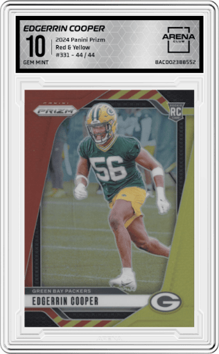 Edgerrin Cooper from the 2024 Panini Prizm set featuring a Red & Yellow parallel graded by Arena Club and given an overall grade of 10.