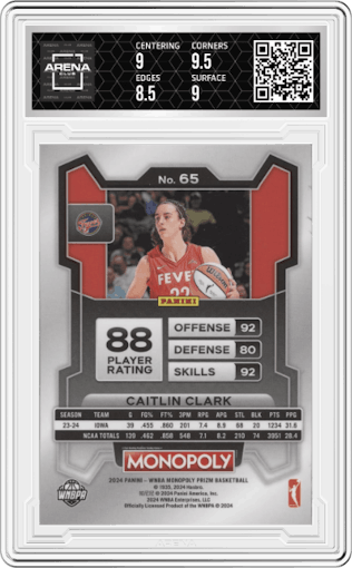 Caitlin Clark from the 2024 Panini Prizm Monopoly WNBA set graded by Arena Club and given an overall grade of 9.