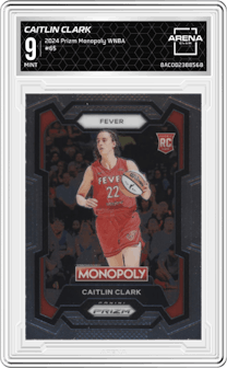 Caitlin Clark from the 2024 Panini Prizm Monopoly WNBA set graded by Arena Club and given an overall grade of 9.