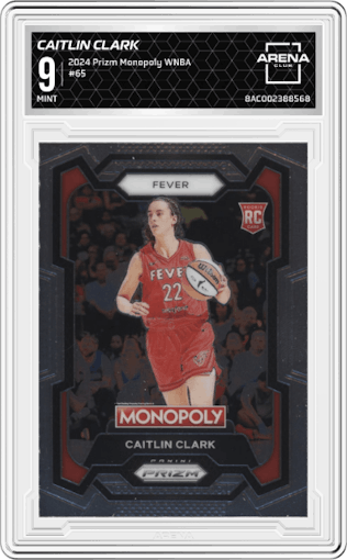 Caitlin Clark from the 2024 Panini Prizm Monopoly WNBA set graded by Arena Club and given an overall grade of 9.