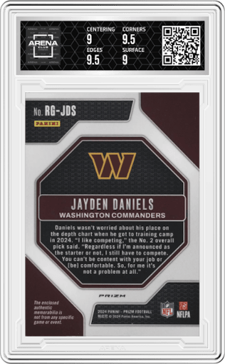 Jayden Daniels from the 2024 Panini Prizm set graded by Arena Club and given an overall grade of 9.5.