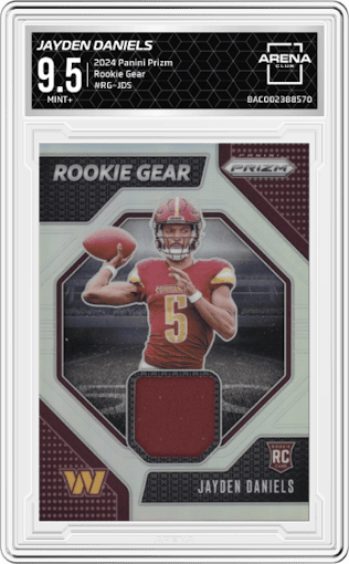Jayden Daniels from the 2024 Panini Prizm set graded by Arena Club and given an overall grade of 9.5.