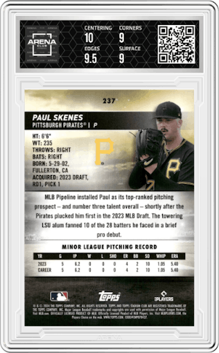 Paul Skenes from the 2024 Topps Stadium Club set graded by Arena Club and given an overall grade of 9.5.