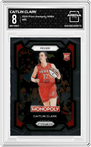 Caitlin Clark from the 2024 Panini Prizm Monopoly WNBA set graded by Arena Club and given an overall grade of 8.