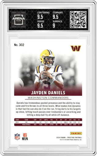 Jayden Daniels from the 2024 Panini Prestige  set featuring a Diamond Xtra Points parallel graded by Arena Club and given an overall grade of 9.5.