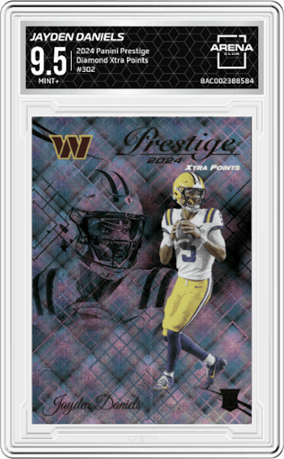 Jayden Daniels from the 2024 Panini Prestige  set featuring a Diamond Xtra Points parallel graded by Arena Club and given an overall grade of 9.5.