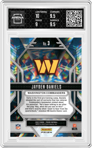 Jayden Daniels from the 2024 Panini Prizm set featuring a Green Prizm parallel graded by Arena Club and given an overall grade of 9.5.