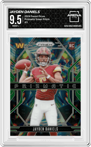 Jayden Daniels from the 2024 Panini Prizm set featuring a Green Prizm parallel graded by Arena Club and given an overall grade of 9.5.