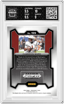 Cameron Ward from the 2024 Panini Prizm Draft Picks set graded by Arena Club and given an overall grade of 9.5.