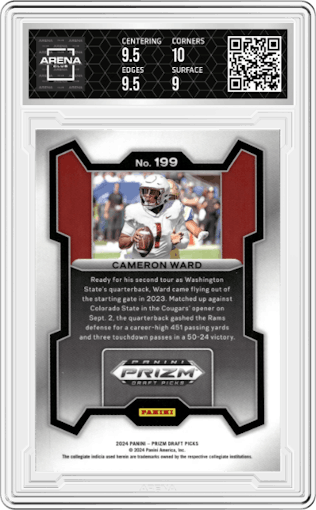Cameron Ward from the 2024 Panini Prizm Draft Picks set graded by Arena Club and given an overall grade of 9.5.