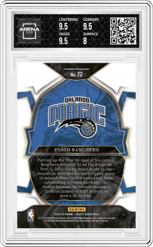 Paolo Banchero from the 2022-23 Panini Select set featuring a Blue Retail parallel graded by Arena Club and given an overall grade of 8.5.