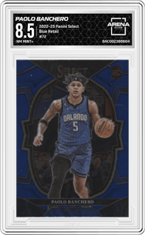 Paolo Banchero from the 2022-23 Panini Select set featuring a Blue Retail parallel graded by Arena Club and given an overall grade of 8.5.