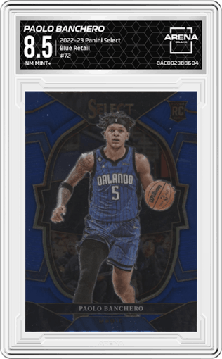 Paolo Banchero from the 2022-23 Panini Select set featuring a Blue Retail parallel graded by Arena Club and given an overall grade of 8.5.