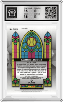 Aaron Judge from the 2021 Panini Prizm set featuring a Teal Wave parallel graded by Arena Club and given an overall grade of 10.